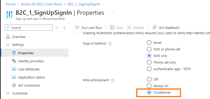 User flow with conditional MFA enforcement 